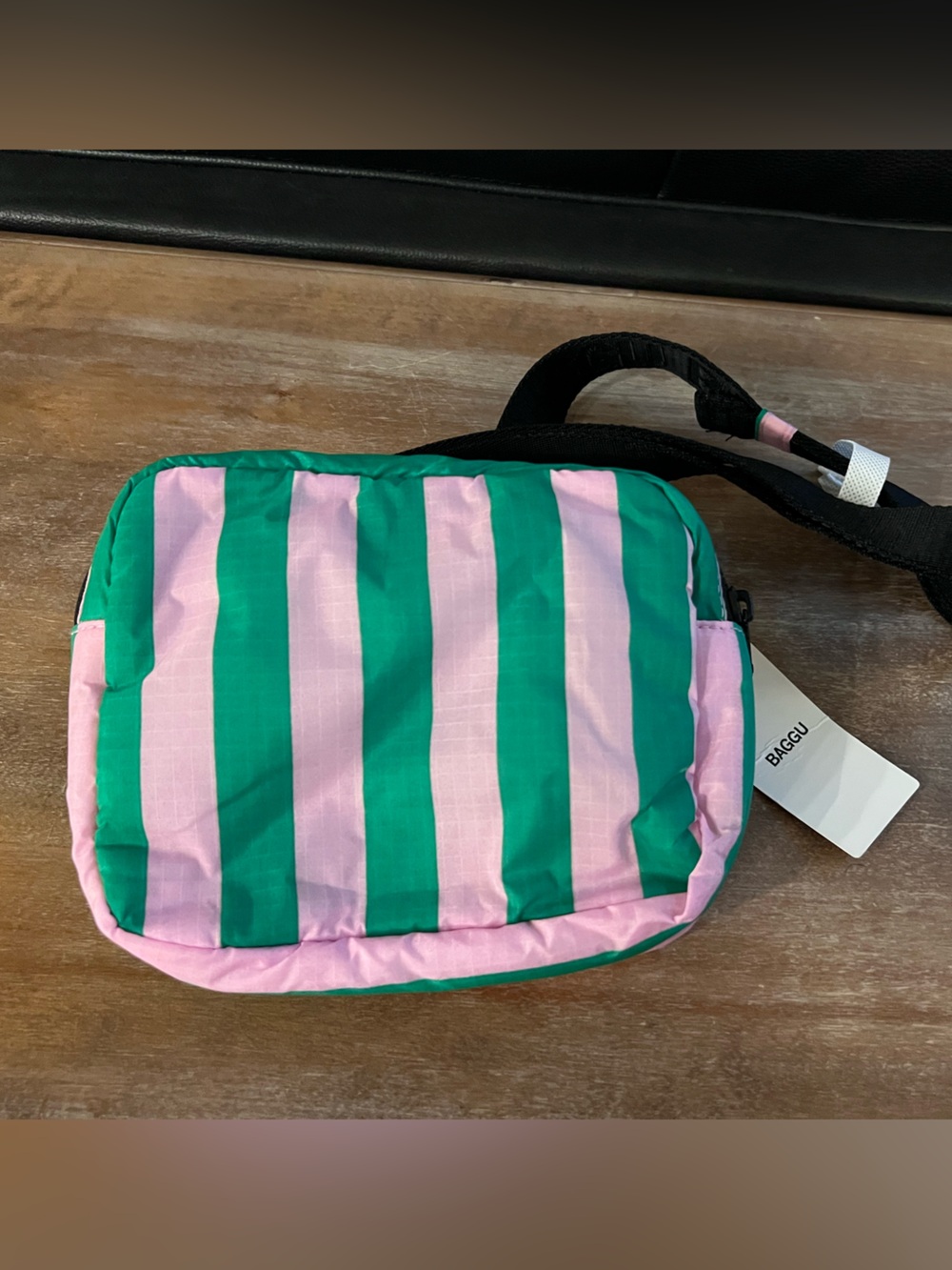 BAGGU 💚💗 Puffy Fanny Pink and Green Awning Stripe Belt Bag Hands Free Crossbody - Picture 6 of 7